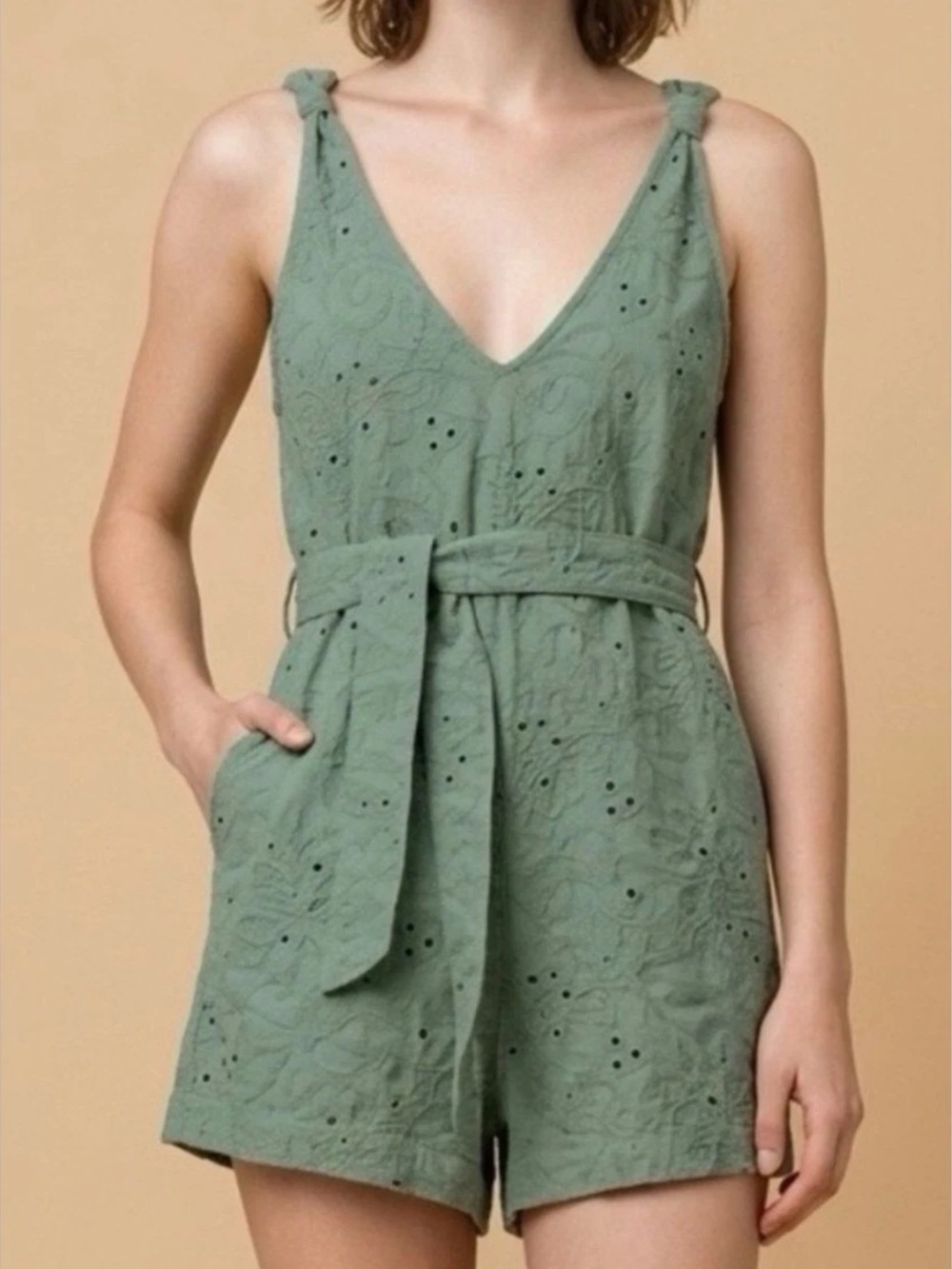 Zara Sage Eyelet Romper Cotton Blend Medium
